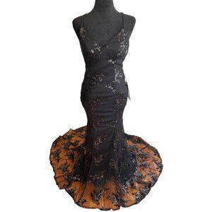 Stacee's Black Floral Whimsygoth Gown Delicate Sheer Lace Overlay Prom Dress